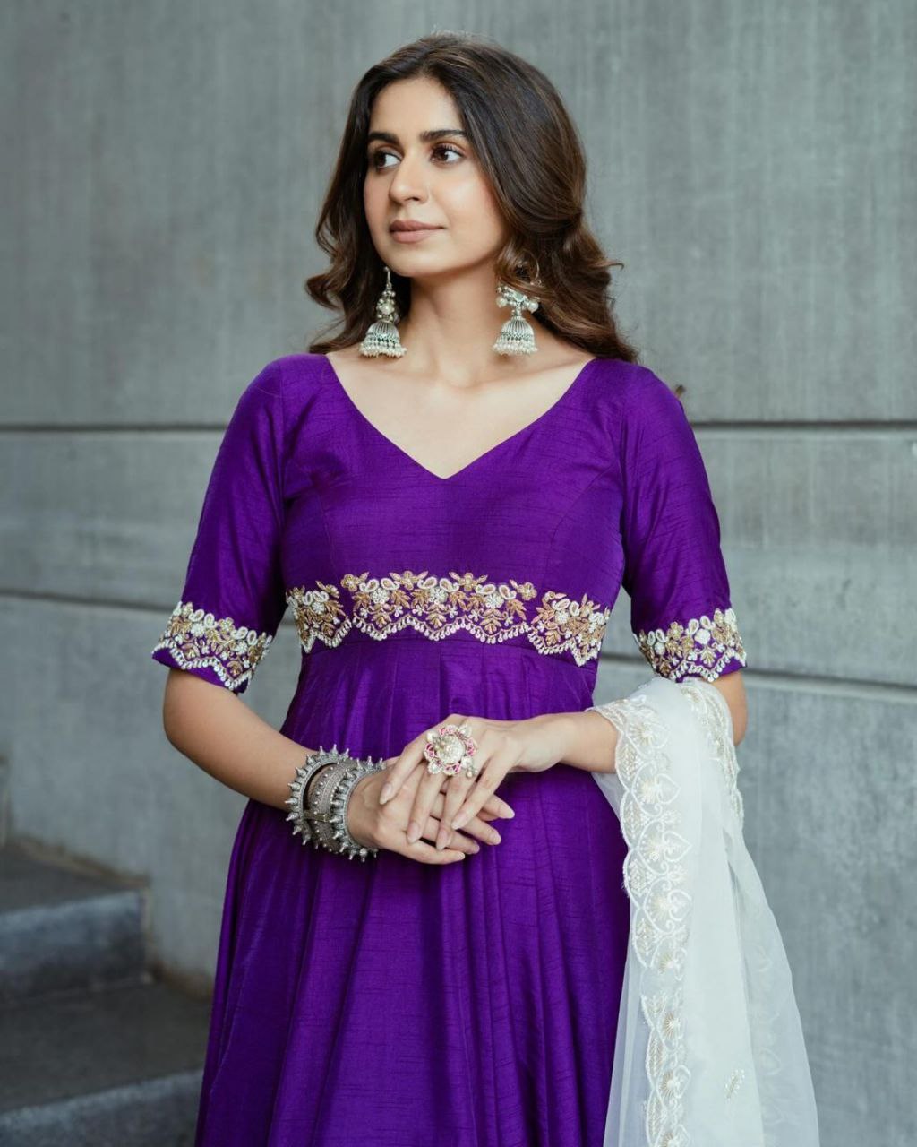 Adorable Violet Phantom Silk With Fancy Embroidery Thread Work Anarkali Suit With Dupatta