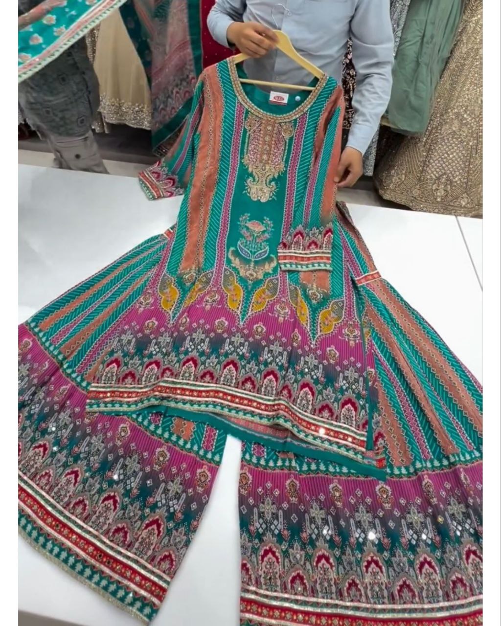 Adorable Maslin Silk With Fancy Embroidery Thread Work Sharara Suit With Dupatta