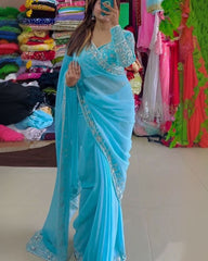 Adorable Sky Blue Pure Georgette With Fancy Embroidery Thread Work Saree