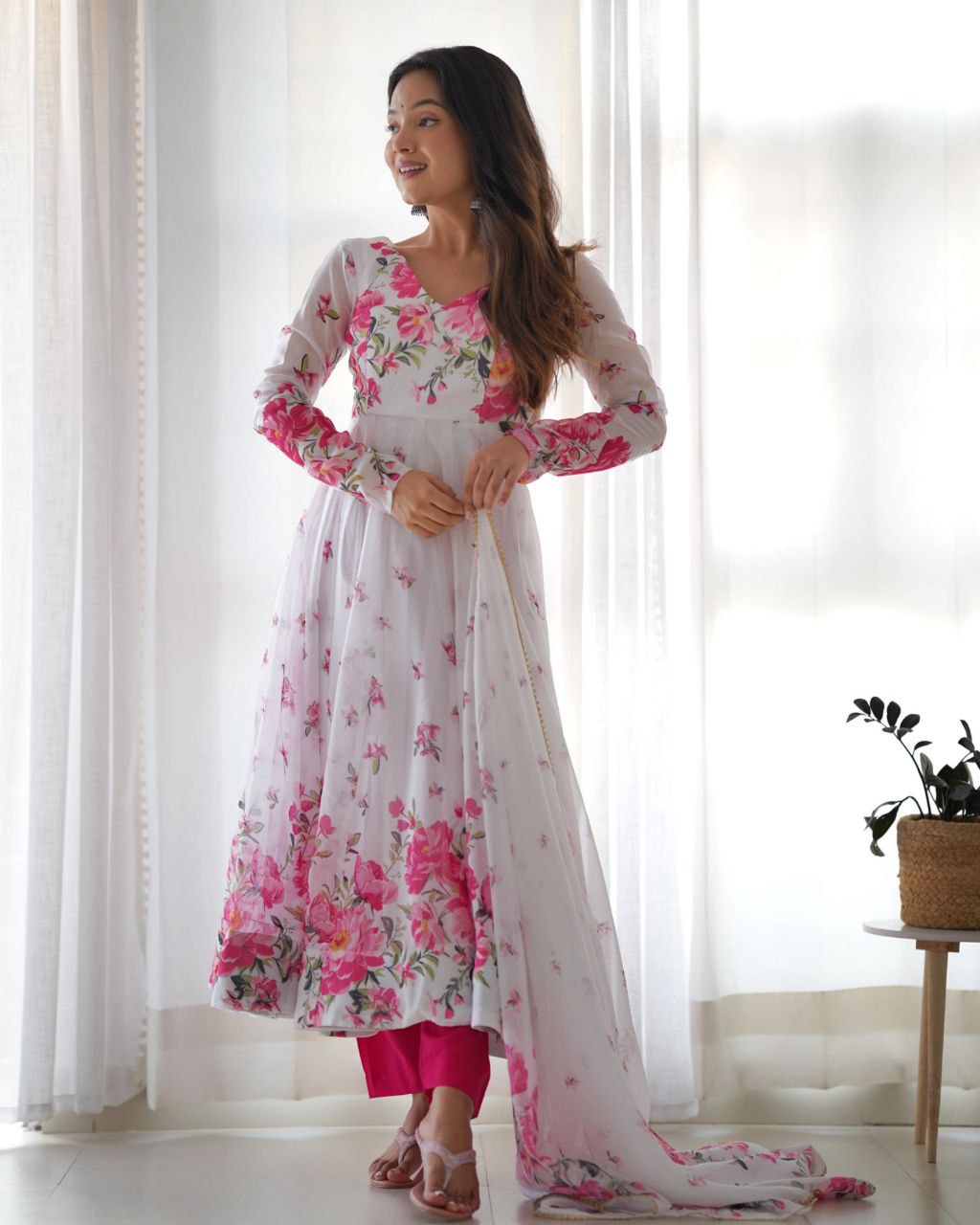 Beautiful Soft Organza Silk With Fancy Badla Zari Work Anarkali Suit With Dupatta