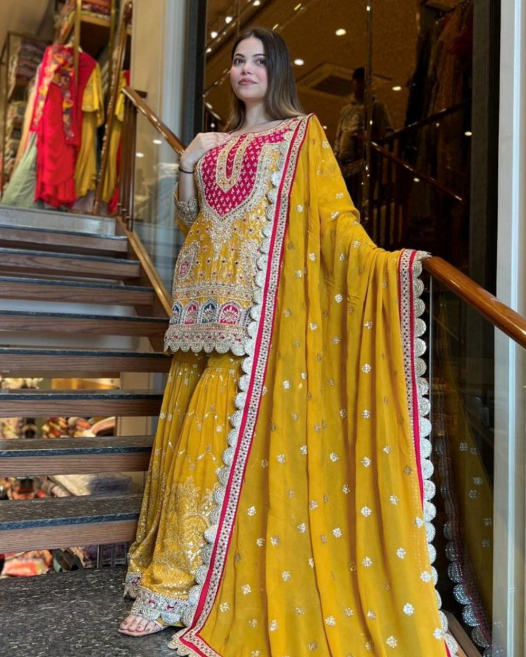 Gorgeous Yellow Pure Georgette Sequence Work Sharara Suit With Dupatta