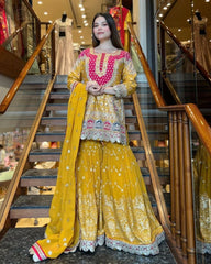 Gorgeous Yellow Pure Georgette Sequence Work Sharara Suit With Dupatta