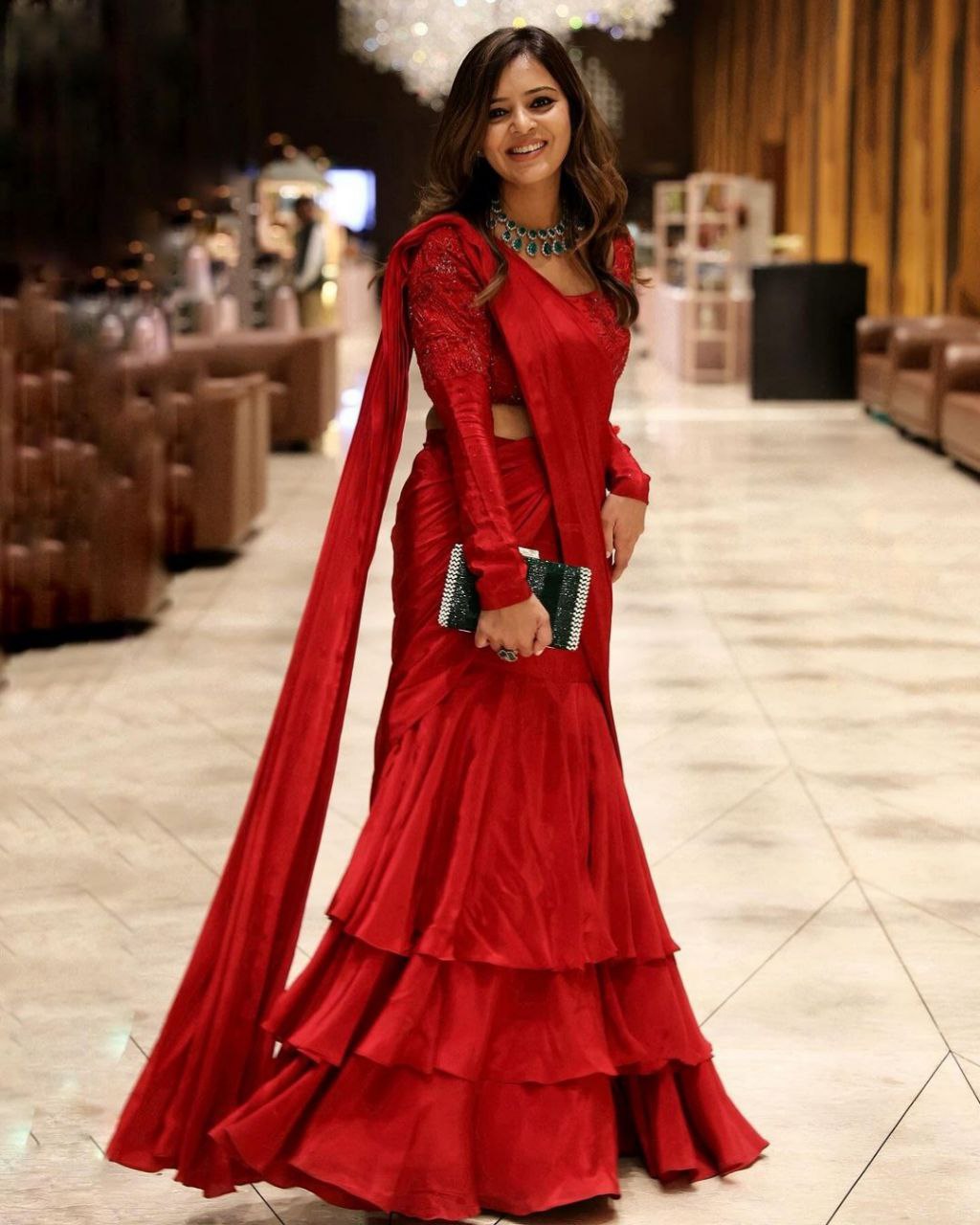 Beautiful Red Chinon Silk With Fancy Embroidery Thread Work Lehenga Saree