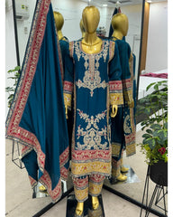 Ready To Wear Blue Chinon Silk Embroidery Work Plazo Suit With Dupatta