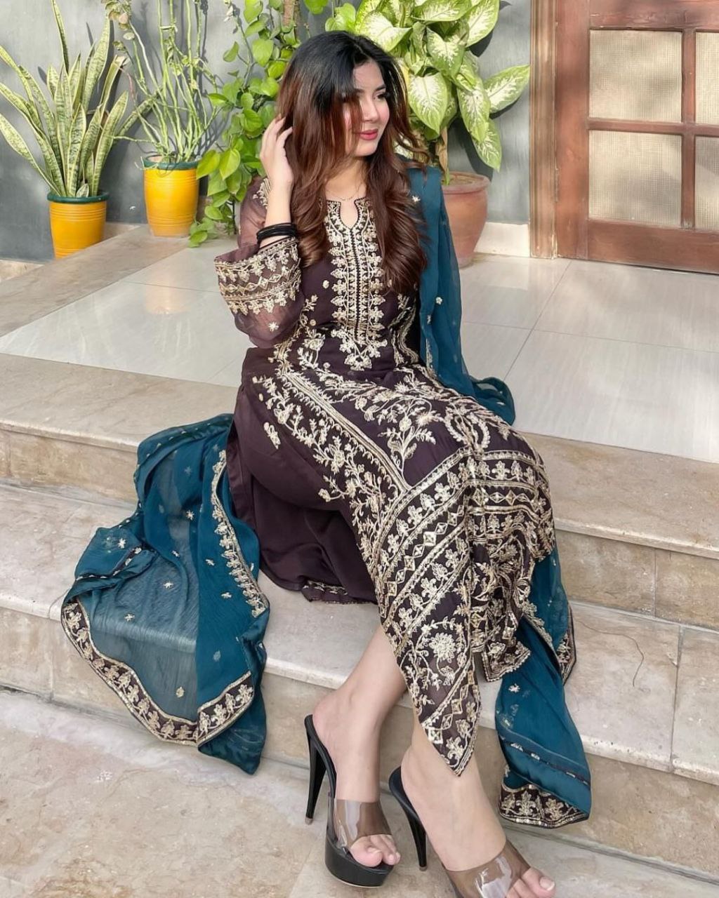 Adorable Chinon Silk With Fancy Embroidery Thread Work Plazo Suit With Dupatta