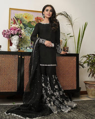 Ready To Wear Black Pure Georgette With Sequence Work Gharara Suit With Dupatta