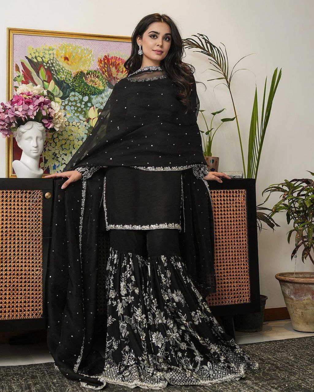 Ready To Wear Black Pure Georgette With Sequence Work Gharara Suit With Dupatta