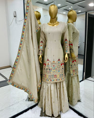 Ready To Wear Cream Chinon Silk Embroidery Work Gharara Suit With Dupatta