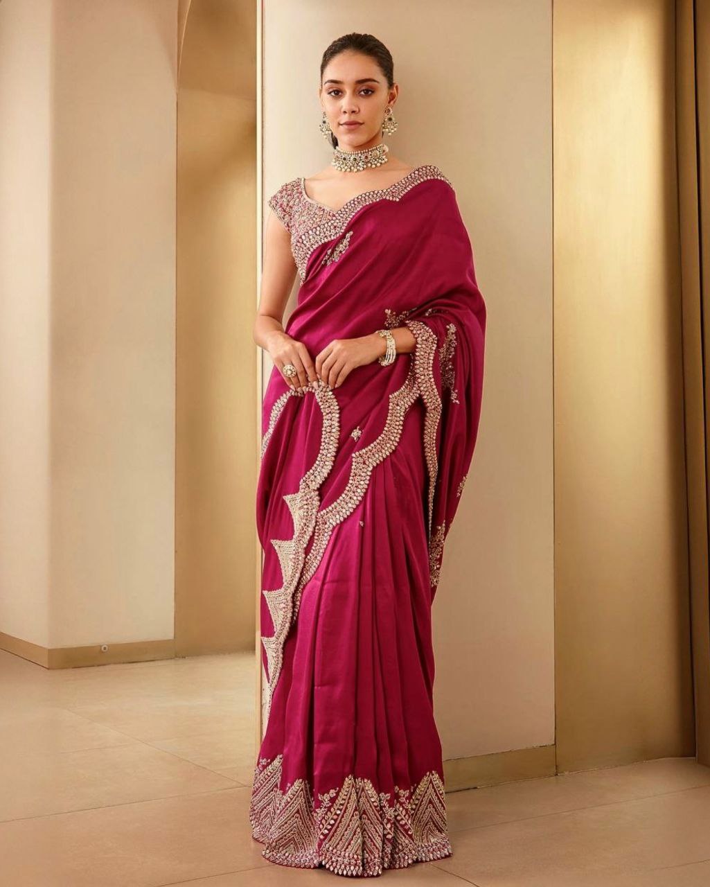 Gorgeous Pink Two Tone Vichitra Silk With Fancy Embroidery Thread With Sequence Work Saree