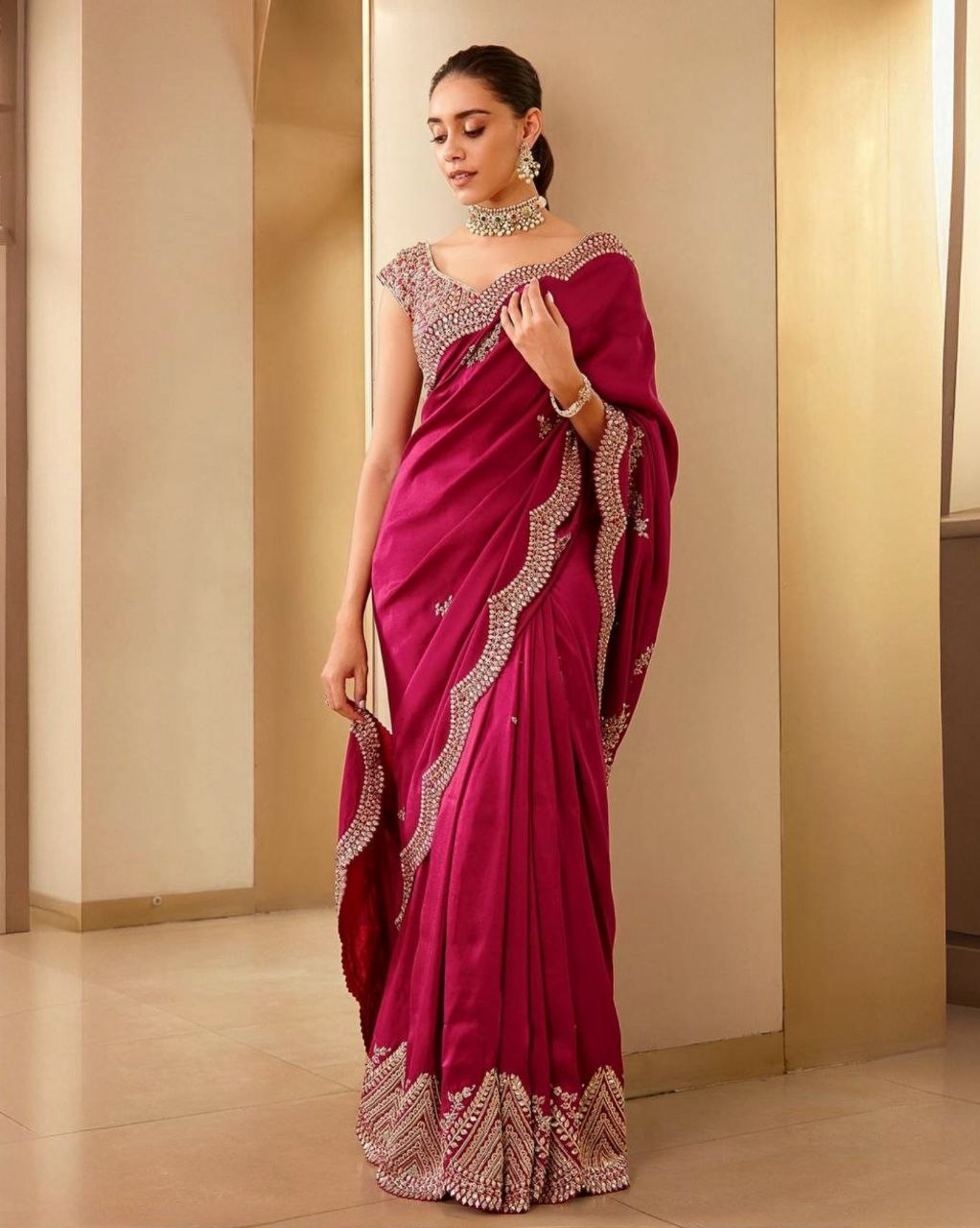 Gorgeous Pink Two Tone Vichitra Silk With Fancy Embroidery Thread With Sequence Work Saree