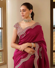 Gorgeous Pink Two Tone Vichitra Silk With Fancy Embroidery Thread With Sequence Work Saree