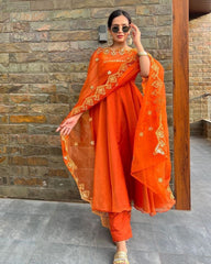 Beautiful Orange Pure Georgette With Sequence Work Gown Suit With Dupatta