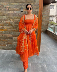 Beautiful Orange Pure Georgette With Sequence Work Gown Suit With Dupatta