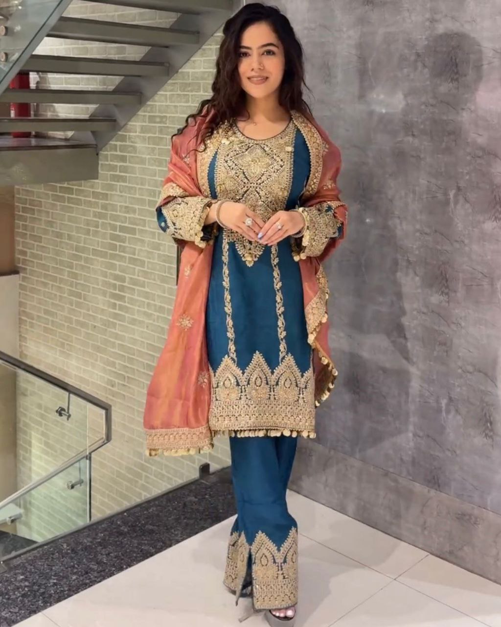 Beautiful Blue Chinon Silk With Fancy Embroidery Thread Work Plazo Suit With Dupatta