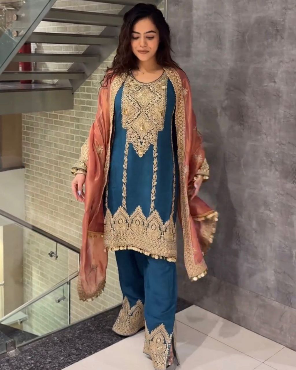 Beautiful Blue Chinon Silk With Fancy Embroidery Thread Work Plazo Suit With Dupatta