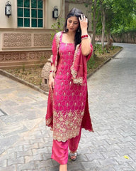 Gorgeous Pink Chinon Silk With Sequence Work Plazo Suit With Dupatta