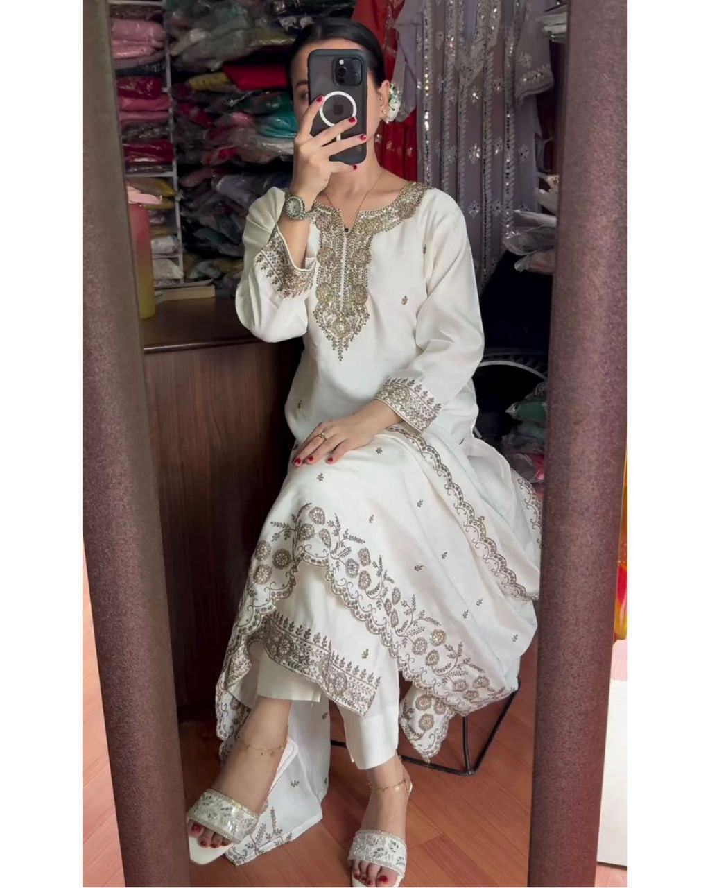 Adorable White Chinon Silk With Embroidery Thread Work Pant Suit With Dupatta