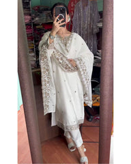 Adorable White Chinon Silk With Embroidery Thread Work Pant Suit With Dupatta