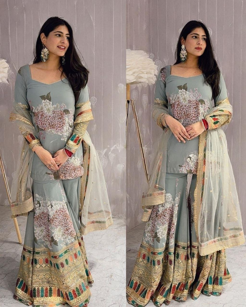 Ready To Wear Grey Chinon Silk With Fancy Embroidery Thread Work Sharara Suit With Dupatta