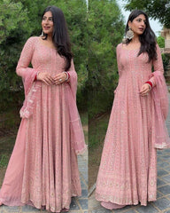 Beautiful Pink Pure Georgette With Sequence Work Gown Suit With Dupatta