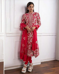 Beautiful Red Pure Georgette With Fancy Embroidery Thread Work Salwar Suit With Dupatta