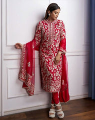 Beautiful Red Pure Georgette With Fancy Embroidery Thread Work Salwar Suit With Dupatta