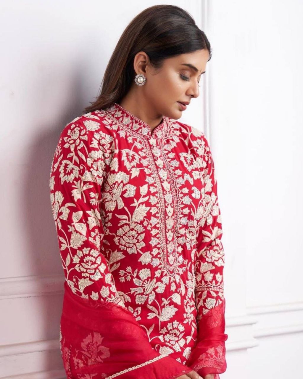 Beautiful Red Pure Georgette With Fancy Embroidery Thread Work Salwar Suit With Dupatta