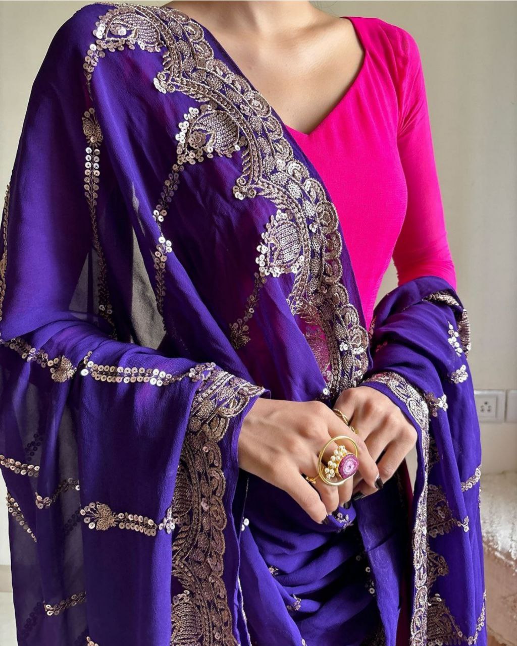 Beautiful Pink Pure Georgette With Sequence Work Gown Suit With Dupatta