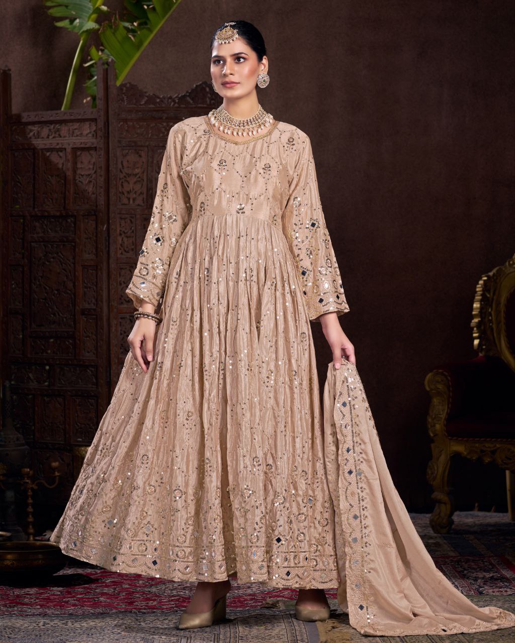 Beautiful Golden Chinon Silk With Sequence Work Gown Suit With Dupatta