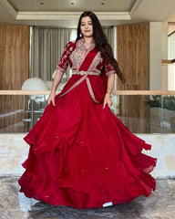 Gorgeous Red Fiona Silk With Fancy Embroidery Thread Work Lehenga Saree