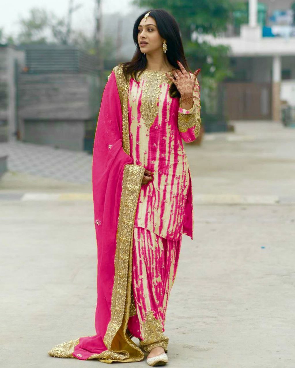 Beautiful Chinon Silk With Fancy Embroidery Thread Work Patiala Suit With Dupatta