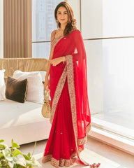 Adorable Red Pure Georgette With Fancy Embroidery Thread With Sequence Work Saree