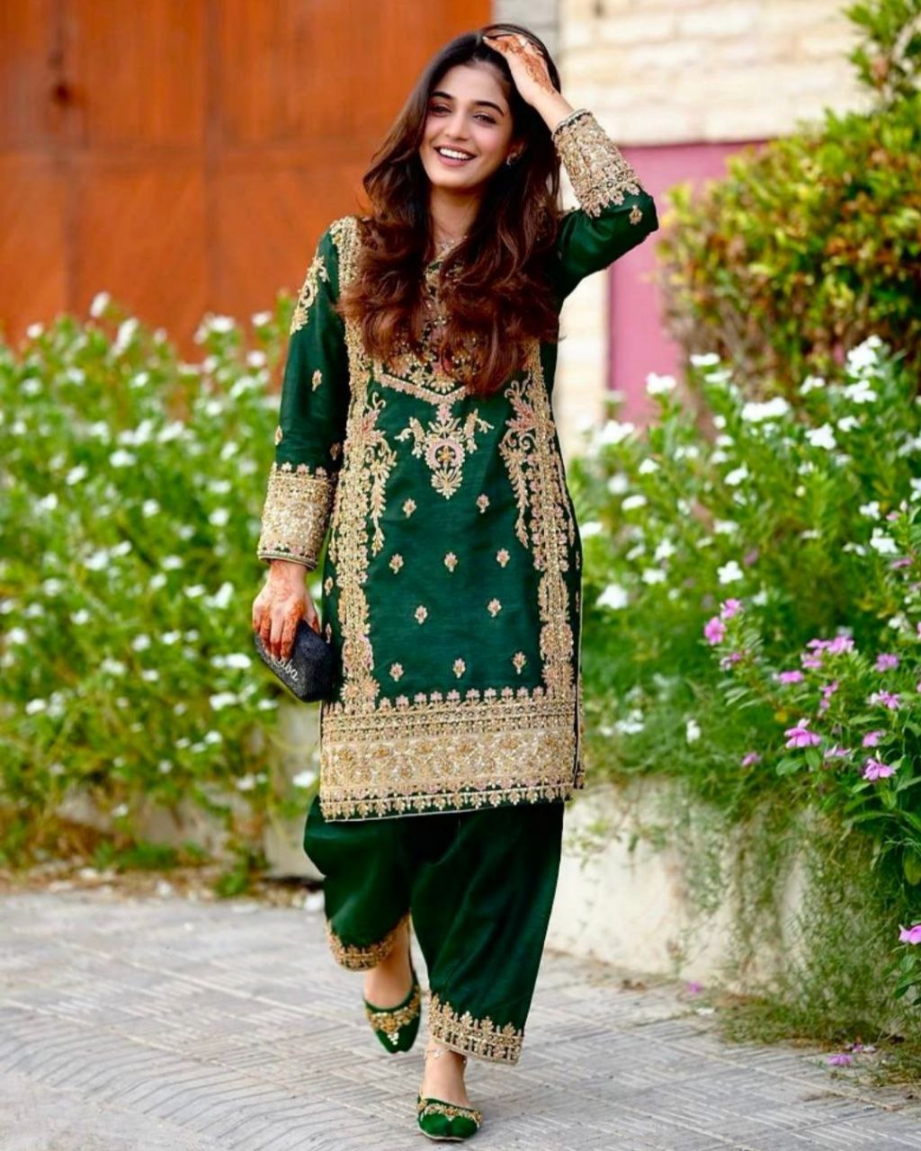 Exclusive Green Chinon Silk With Fancy Embroidery Thread Work Salwar Suit With Dupatta