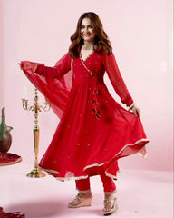 Gorgeou Red Pure Georgette Embroidery Work Anarkali Suit With Dupatta